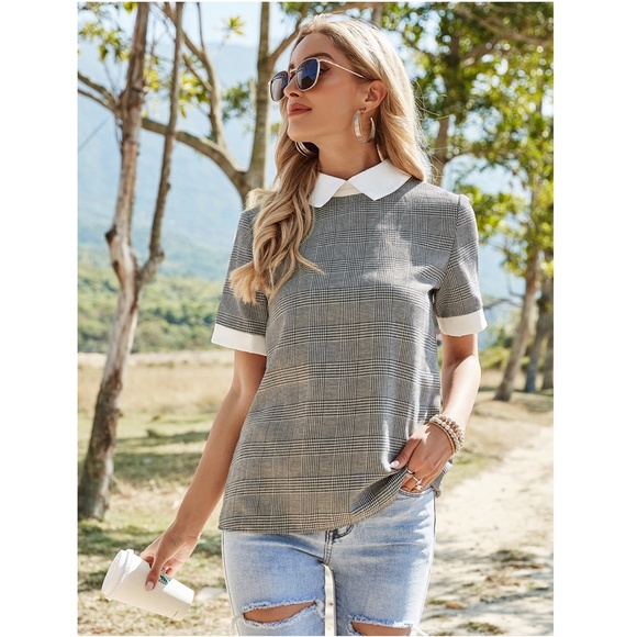 Gray Houndstooth Plaid Blouse Shirt White Collar - Picture 4 of 15